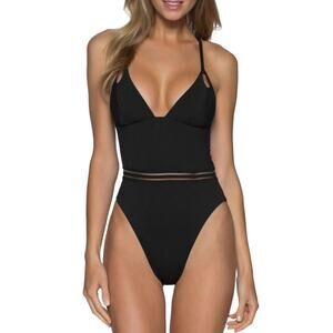 Isabella Rose Women Black Ribbed Queensland High-Leg One Piece Swimsuit Size S